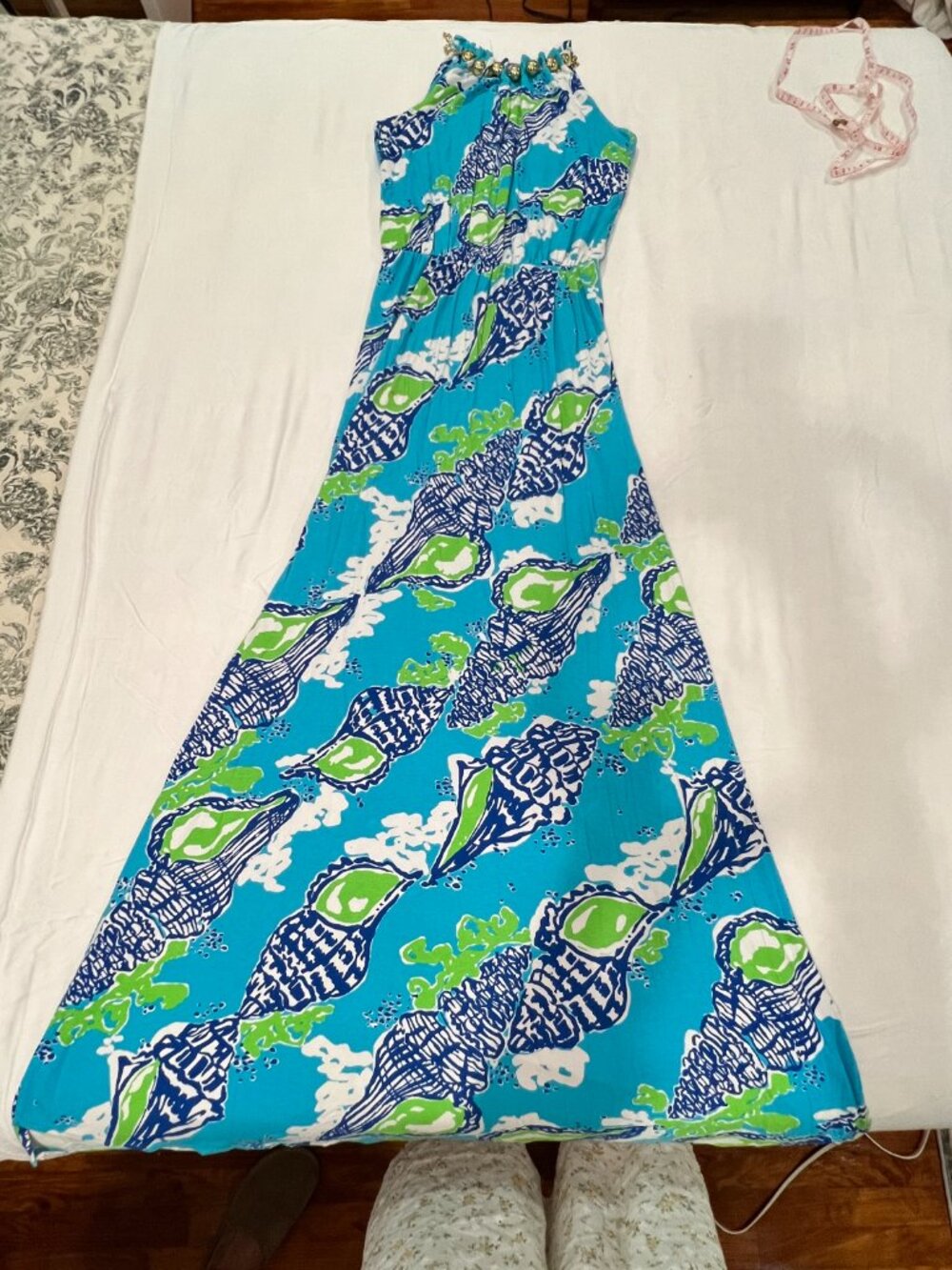 Lilly Pulitzer S Blue Conch Shell Maxi Dress Gold Chain Necklace Resort